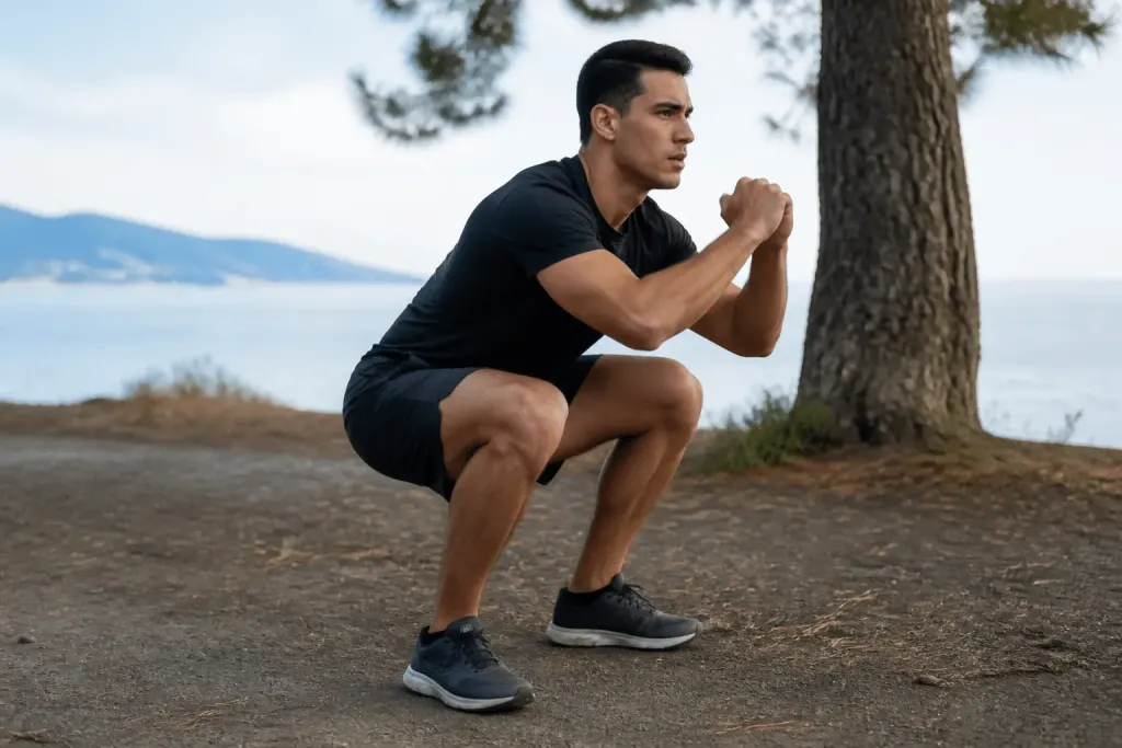 Coureur effectuant squat avec jambes fléchies
