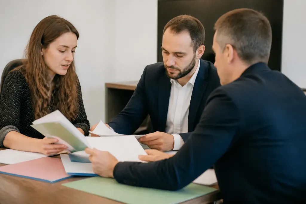 Professionnels en réunion autour documents administratifs colorés