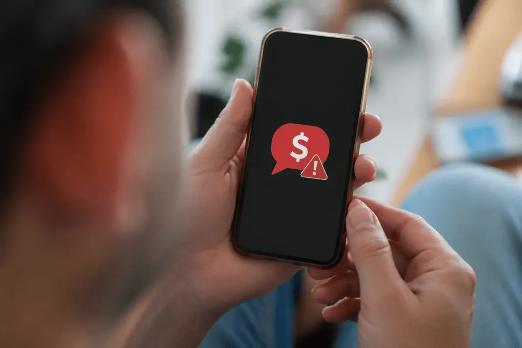 Telephone affichant SMS suspect avec symbole dollar rouge alerte