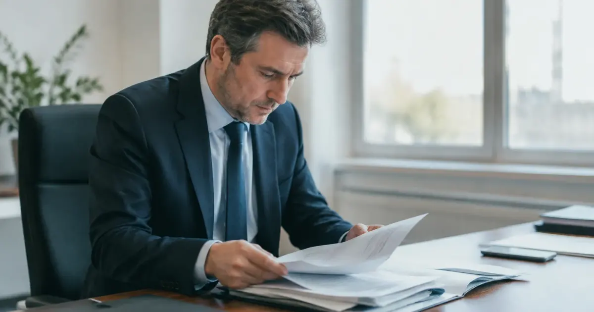 Directeur examinant contrats et titres sur bureau