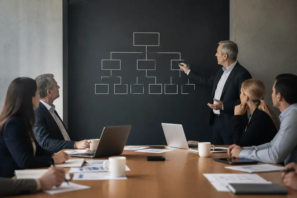Organigramme hierarchique montrant controle groupe filiales